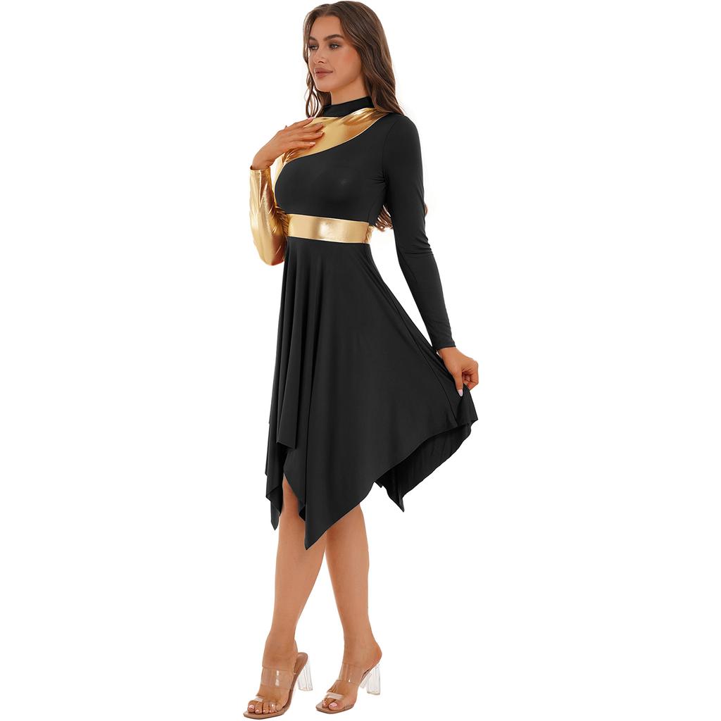 Womens Contrast Color Patchwork Dance Performance Costume Long Sleeve Asymmetrical Hem Dress