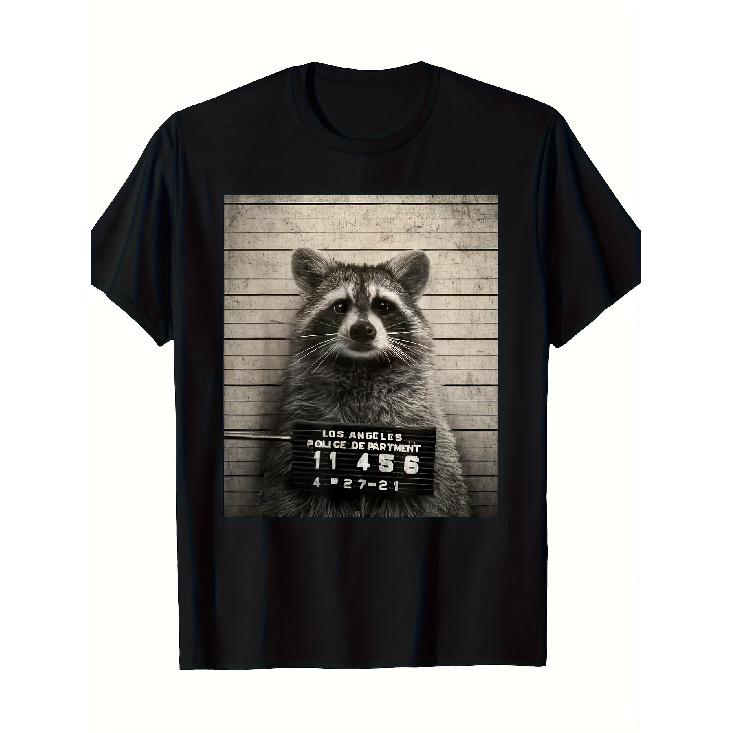 Buck Tee Men's Funny Raccoon Mugshot T-Shirt - 100% Cotton Police Dept Jail ID Photo Design with 4455 Inmate Number, Loose Fit Casual Streetwear,