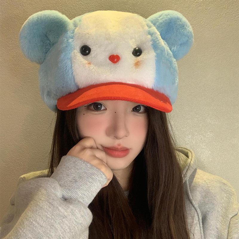 

Cute cartoon bear ears plush baseball cap women wide brim big face showing face small cap big head circumference hat One size fits all