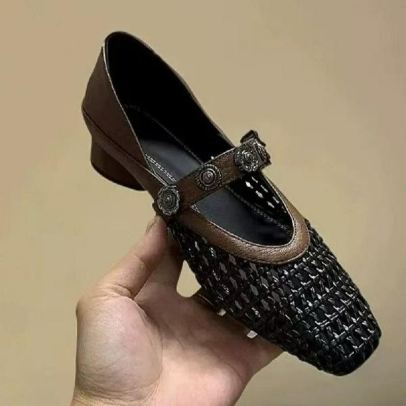 Sandals Hollow Mary Woven Single Shoes Women's Elegant Square Head Color Matching Breathable Word Belt Women's Shoes