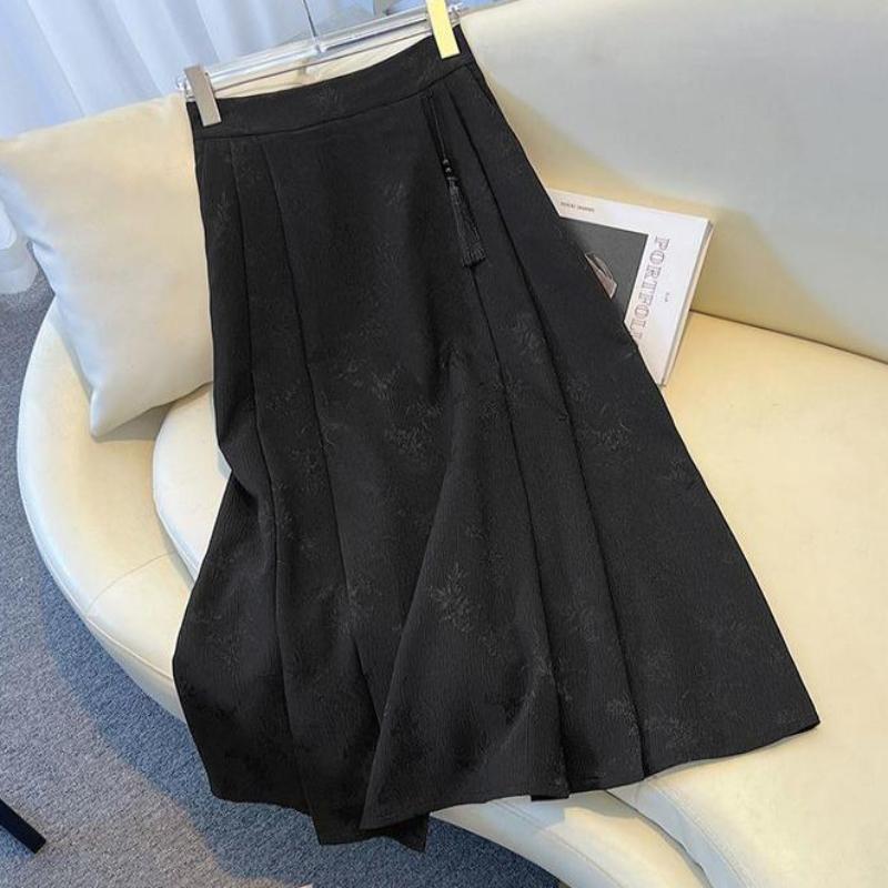 Chinese Style Jacquard Midi Skirt Women's Summer Neo-Chinese Elegant A-Line Versatile Horse Face Long Skirt