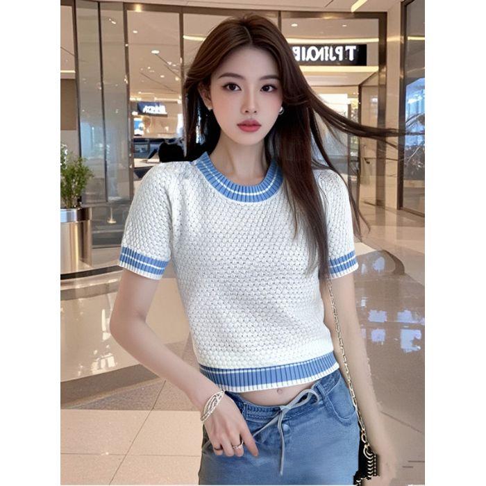 Summer Contrasting Color Round-neck Short-sleeved Knitted Sweater A Stylish and Versatile Loose Top for Women