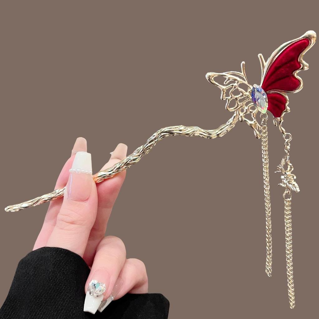 Elegant Red Rose Tassel Hairpin - U-shaped Hair Accessory for Women, Perfect for Updos and Traditional Attire.