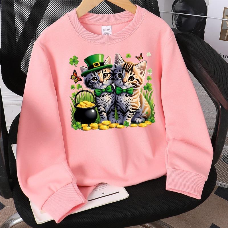 Kids Crewneck Long Sleeve Sweatshirt,Cats with Leprechaun Hat Gold Coins Clover Butterfly Print