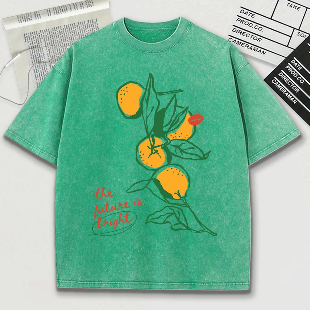 Frisches Orange Gartenmuster Gewaschenes Herren T-Shirt Atmungsaktiv Sport Kurzarm O-Ausschnitt Baumwoll-Top Unisex Weiche Streetwear