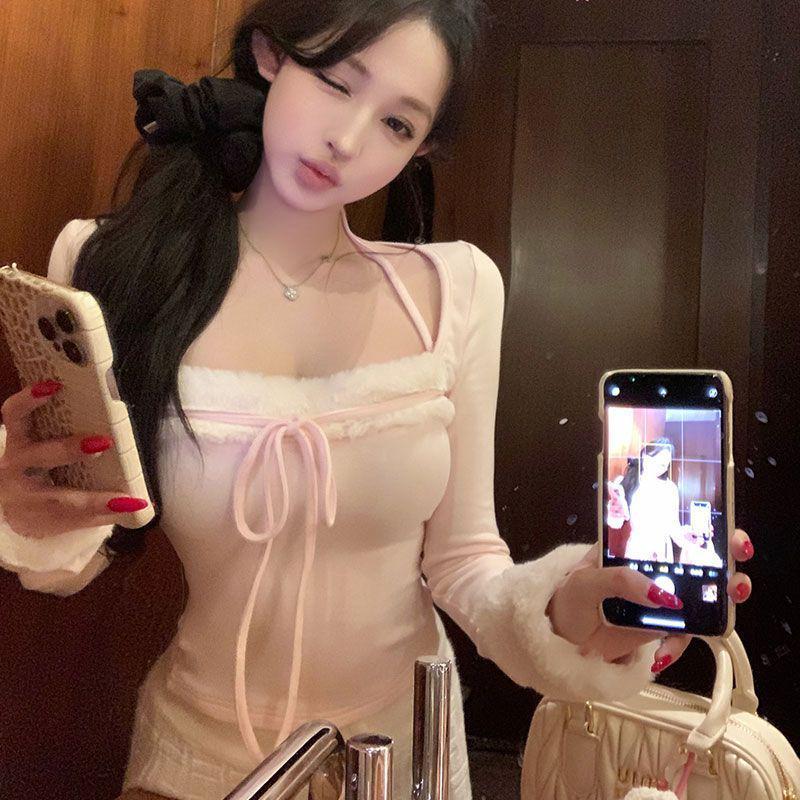 Women's Pink Patchwork Square Neck Long Sleeve T-shirt, Slim Fit, Autumn/Winter Style