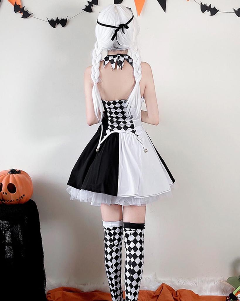 [Milky Time] Clown Cosplay Halloween Costume, Black and White Checkered Pattern, Monochrome Clown