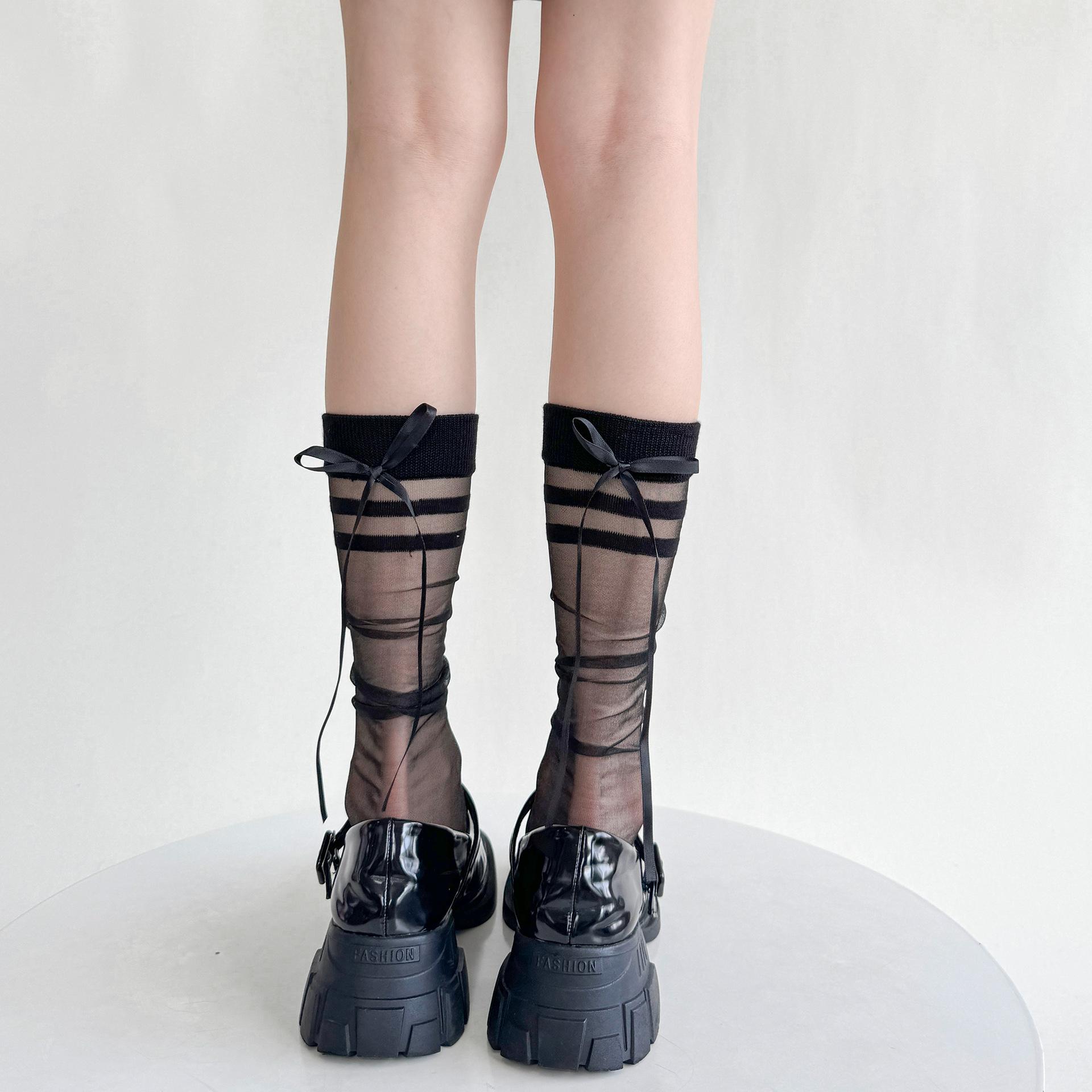 

Ультратонкие прозрачные женские чулки, повседневные полосатые нейлоновые длинные носки, балетные носки с бантом и кристаллами в горошек, шелковые носки