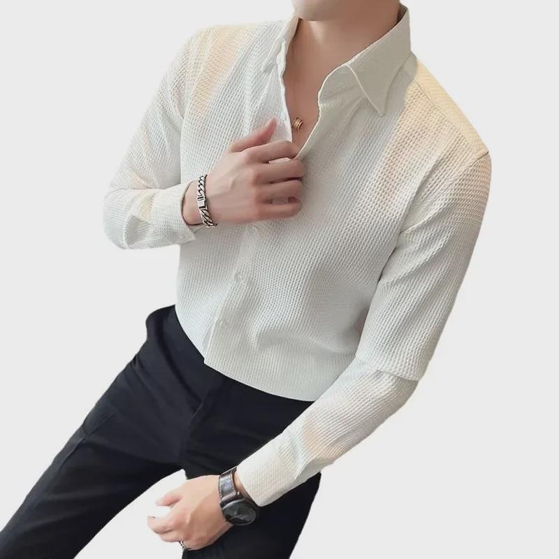 Men's Hong Kong Style Long Sleeve Waffle Shirt Jacket - Solid Color, All-Match, Perfect for Spring and Autumn
