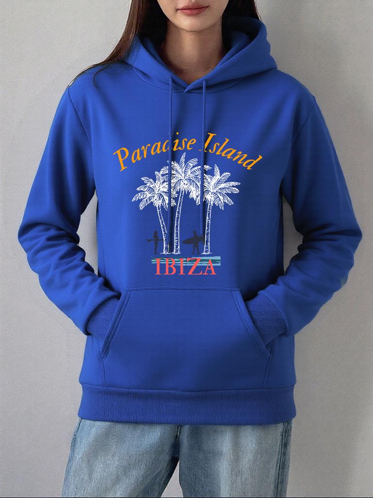 Paradiesinsel Ibiza Print Hoodie Damen Winter Fleece Warm Pullover Basics Tasche Sweatshirts Freizeit Locker Damenkleidung