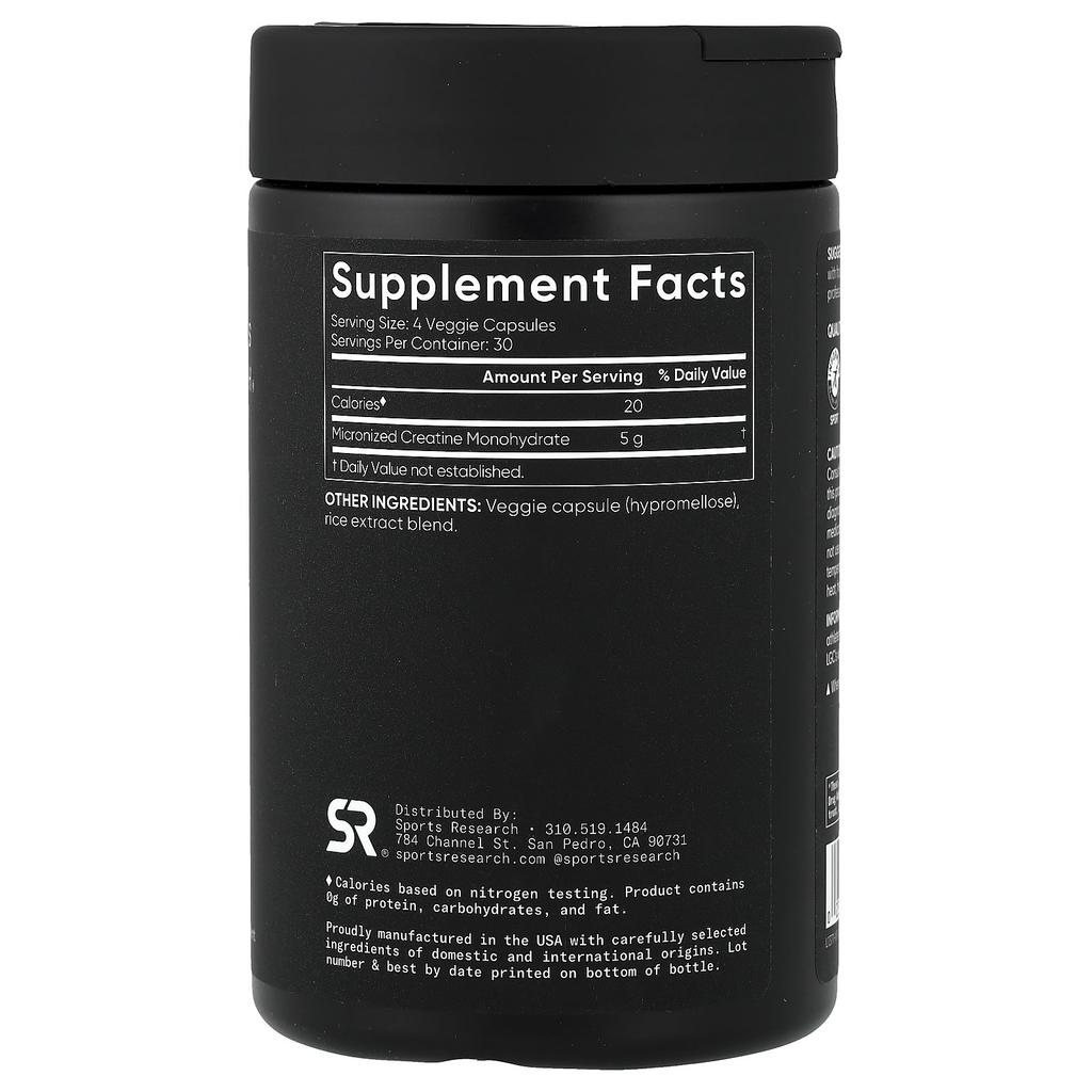 Sports Research Creatine Monohydrate, Micronized, 120 Veggie Capsules (1.25 G Per Capsule)