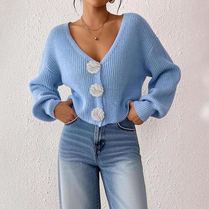 Women S Knitted Cardigan Sweater Streetwear Short Top With Crochet Buttons