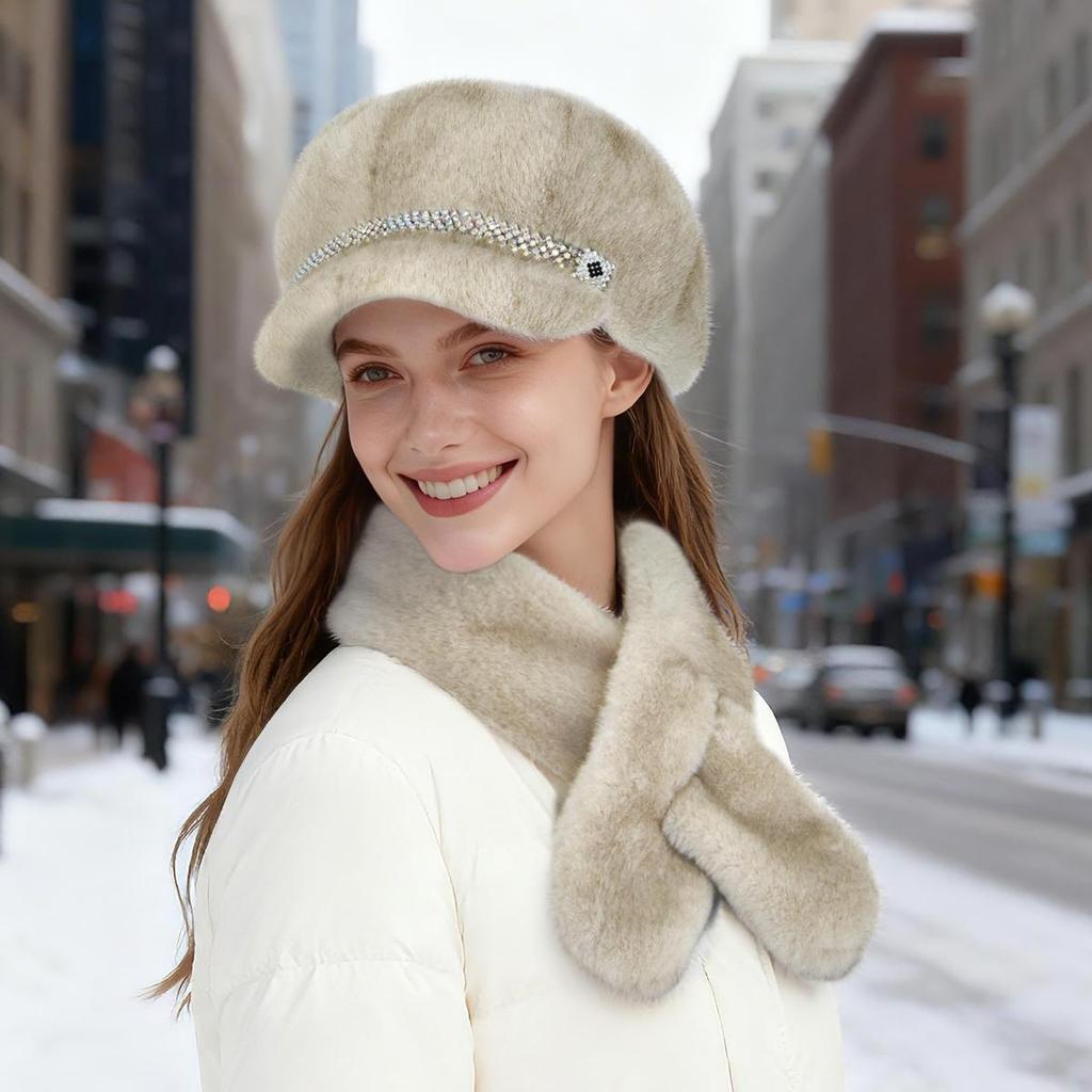 Luxury Faux Mink Fur Beret with Visor for Women, Winter Hat&Scarf Set,Outdoor Peaked Beret with Rhinestone Embellishment