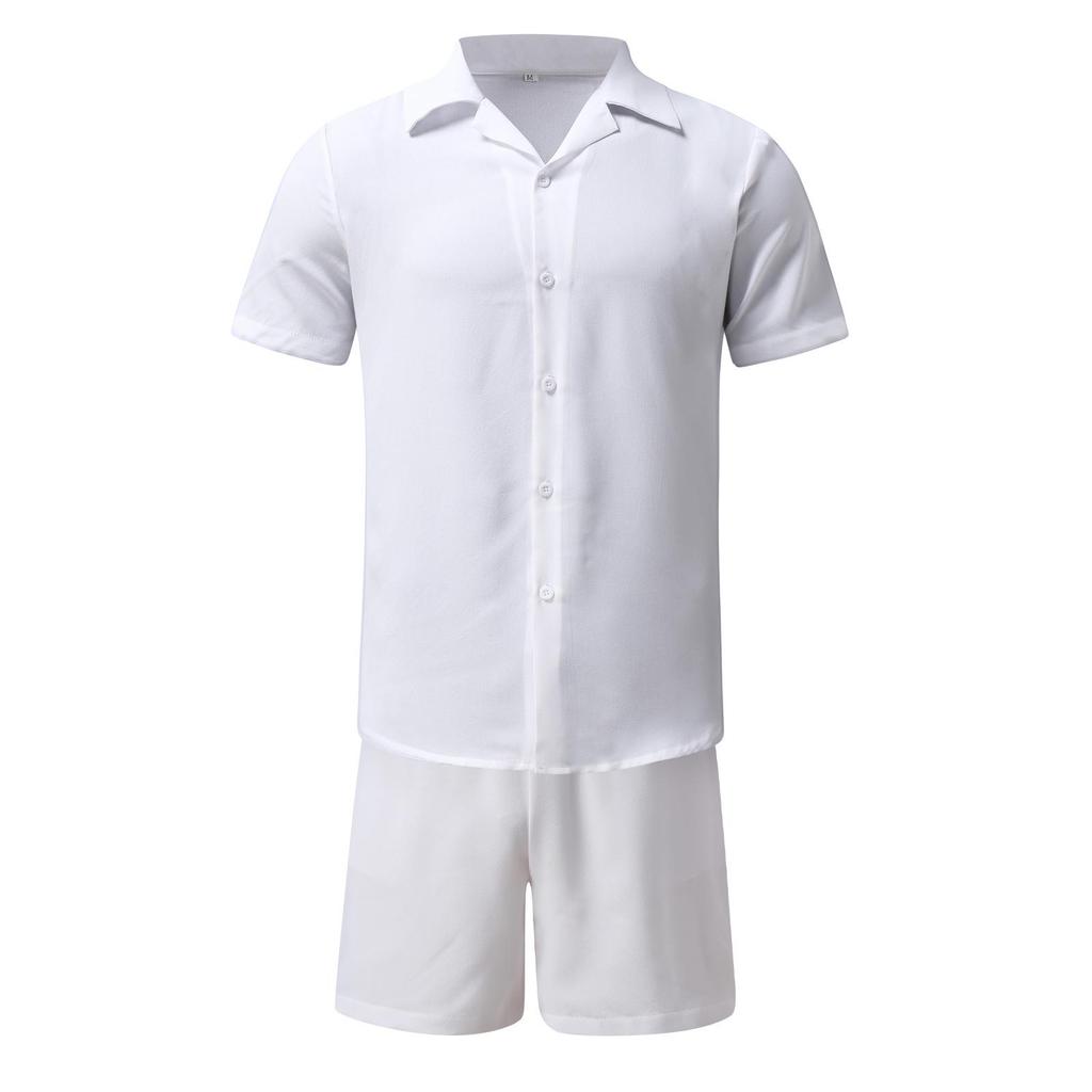 2023 Hot-selling Men's Cotton-Linen Hawaiian Turn-Down Collar Short Sleeve and Shorts Set