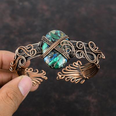 Kupfer Azurit Malachit Armreif Kupferdraht umwickelter Schmuck Handgefertigt Edelstein Manschette Verstellbarer Armreif Drahtumwickeltes Armband Designer Armreif Geschenk