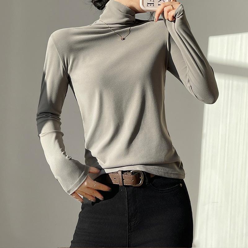 Solid Color Turtleneck Bottoming Shirt for Women with Spring and Autumn New Foreign Style Apricot Long-sleeved T-shirt Polished Comfortable Top