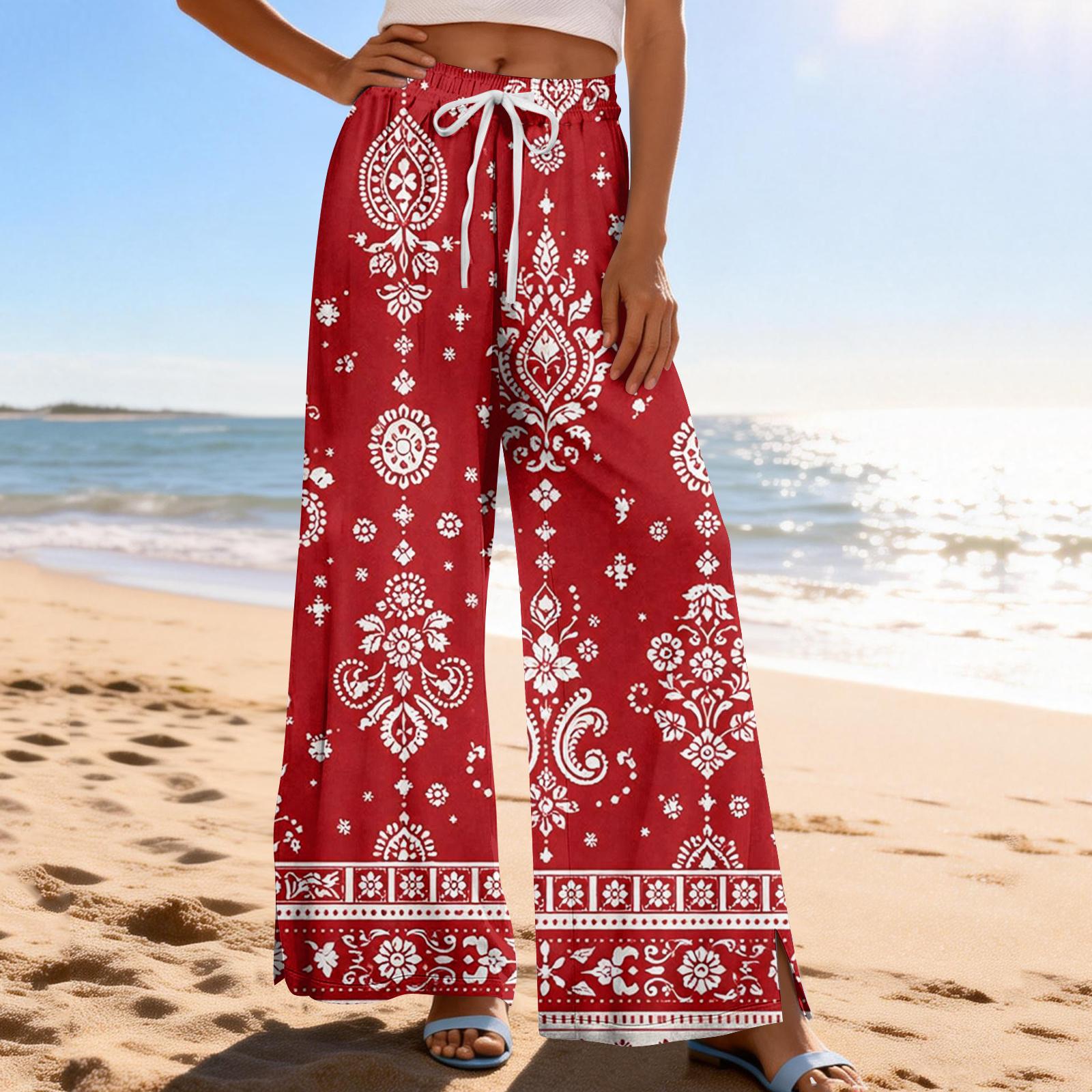 

Women Summer Boho Palazzo Pants High Waist Wide Leg Printing Casual Trousers With Pockets L червоний