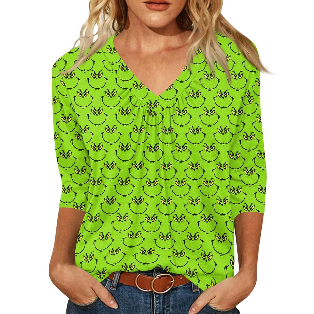 Women's Fashion Casual V-Neck Christmas Print 3/4 Sleeve Top for Holiday Party and Daily Wear