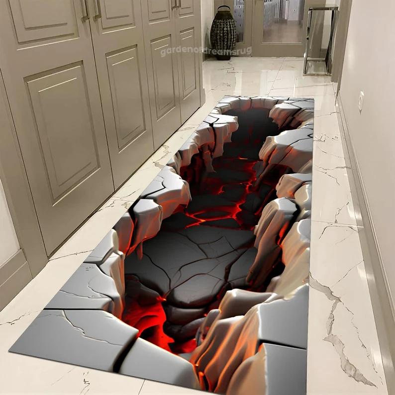 Magma Pattern Runner Rug Visual 3D Hole Crack Carpet Home Corridor Home Decoration Porch Entrance Covered with Mat