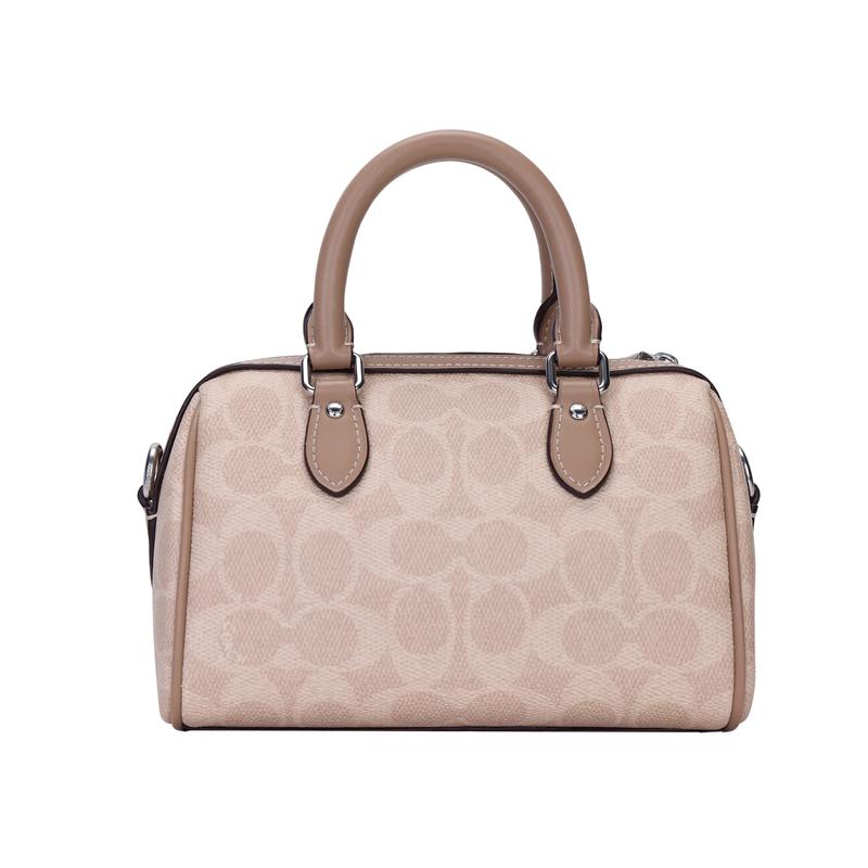 COACH Rowan 18 brand logo zipper closure, artificial leather, crossbody shoulder handbag, small size, women's milk tea color