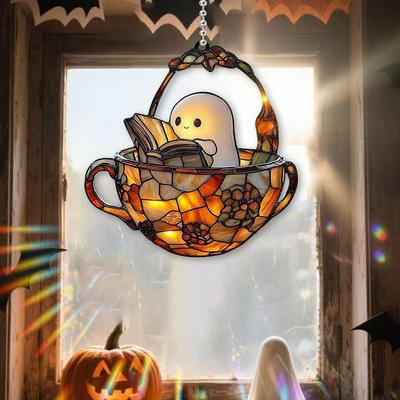 Fantasma de Halloween Lendo Livro Suncatcher Decoração Pendurada Ornamento Acrílico para Pendurar na Janela Sombra Colorida Decoração de Interior de Casa e Carro