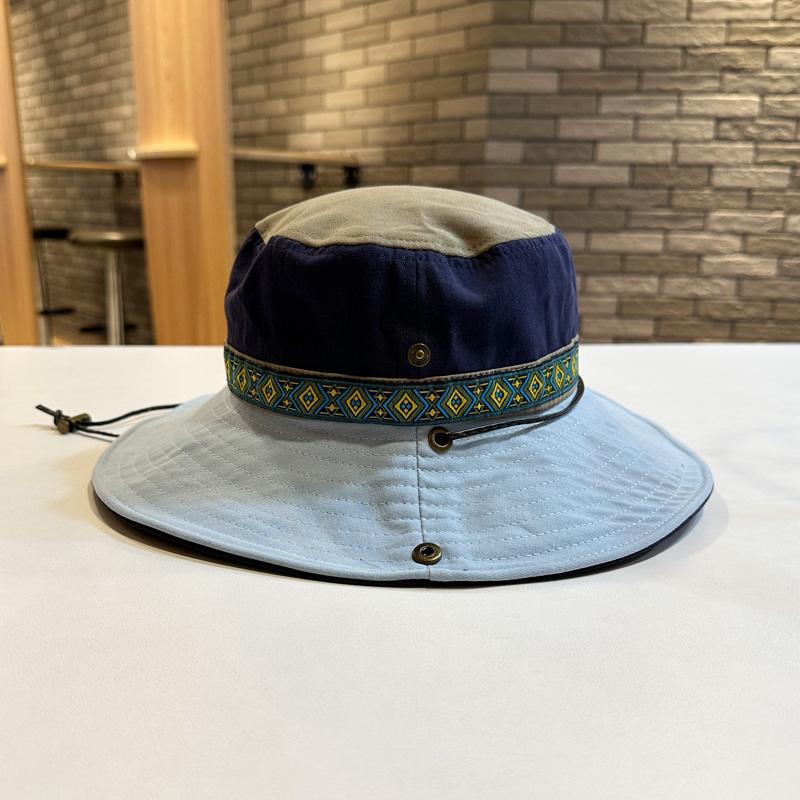 Wide Flat Top Brim Blue Sun Hat For Women Vintage Ethnic Style Color Block