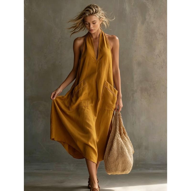 QICED Abiti casual da donna alla moda per estate e primavera, tinta unita, stampa, scollo a V, senza maniche