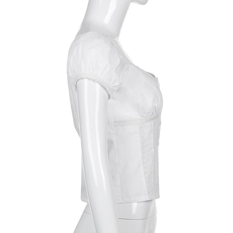 Short Puff Sleeve Lady T-Shirt Square Collar Skinny Crop Top Summer OL Tees All Match Button Vintage Women's Lace Clothe