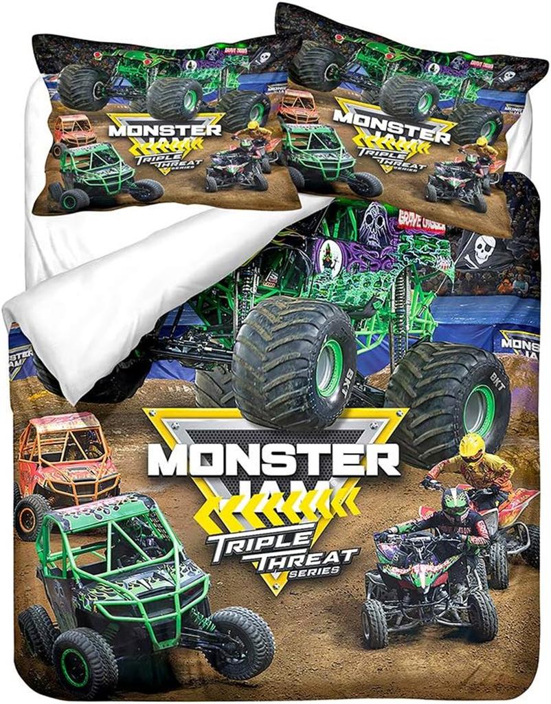Cartoon Monster Truck Duvet Cover Sets,Soft Comfortable Breathable Bedding Set  with Pillowcases Zipper for Kids Boys Girls