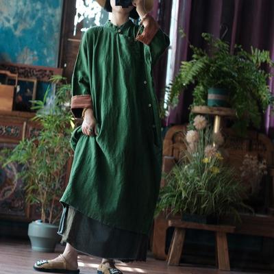 Women Vintage Dresses Stand Long Sleeve Solid Color Button Cloths Autumn A-Line Dress