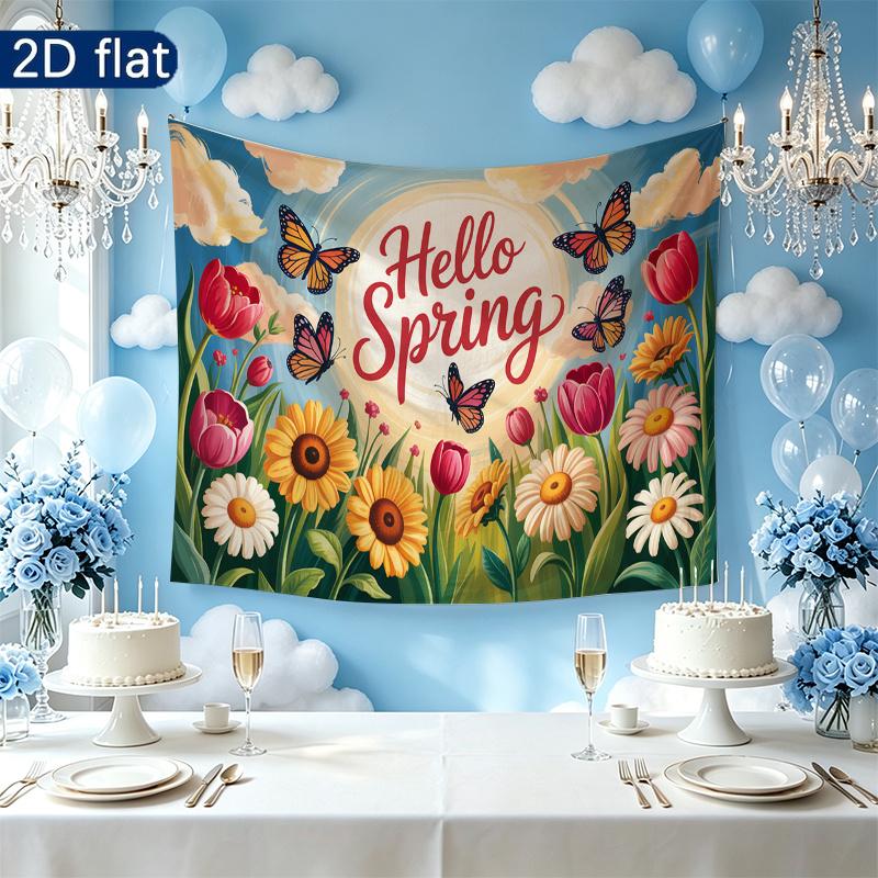Birthday Flowers Butterfly Gifts Party Backdrop, Polyester Banner for Wall Decor & Photo Props