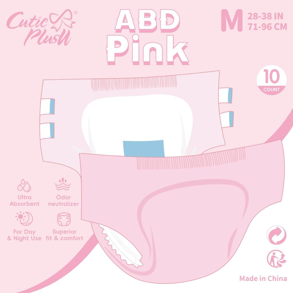 CutiePlusU Adult Diapers, 10-Count, Disposable Incontinence Briefs with Tabs for Women and Men, Maximum Absorbency Overnight - Pink (M 71-96cm)