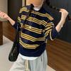 Navava Long Sleeve Striped Color Block Button Collar Knit Top Nk3328
