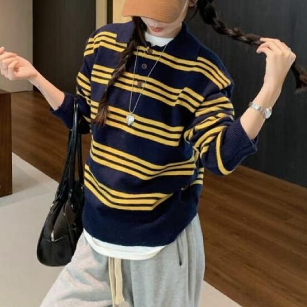 Navava Long Sleeve Striped Color Block Button Collar Knit Top Nk3328