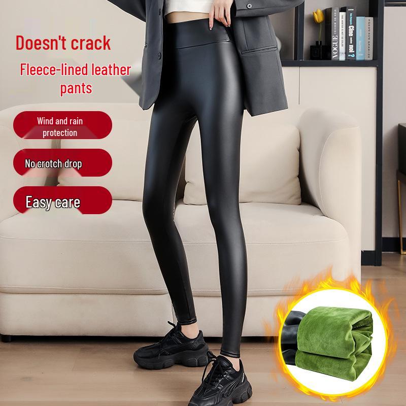 Women's Winter PU Leather High-Waist Thick Velvet Leggings - Plus Size, Slimming, Warm