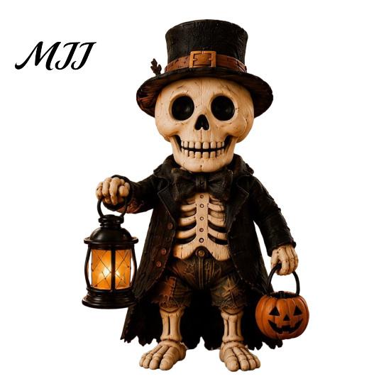 Resin Patchwork Doll Lighted Vintage Ghost Figurine with LED Lantern, Rustic Farmhouse Halloween Figurine, Cozy Mantelpiece Ornament Spooky Cute Fall