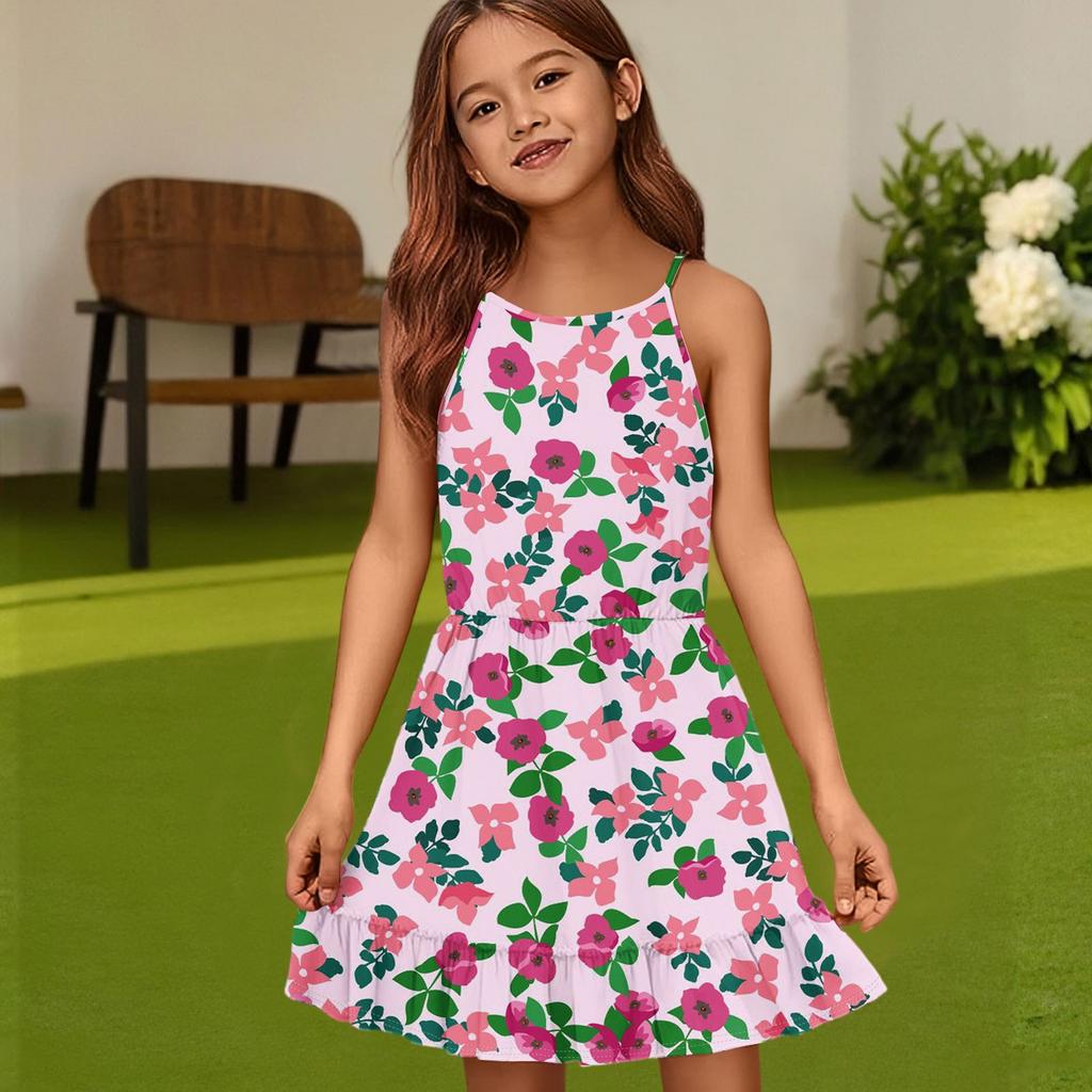 Abito Estivo Casual da Bambina con Scollo Rotondo, Monocolore e Senza Maniche
