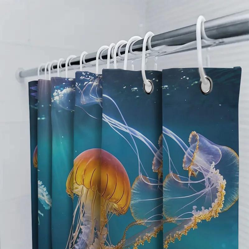 Blue Ocean Jellyfish Shower Curtain Vivid Underwater Scene Print Home Decor Watermelon Bathing Room Accessories