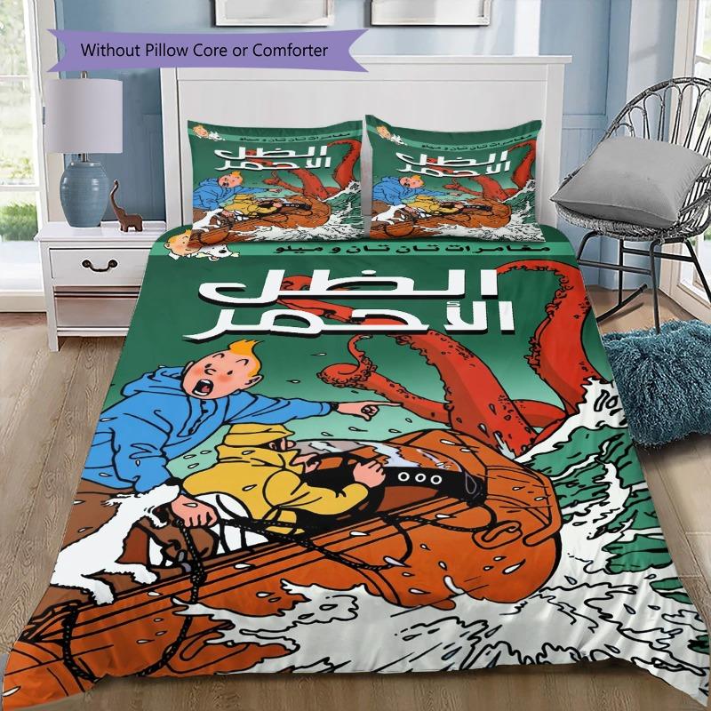 Juego de Funda Nórdica Tintín A Mururoa Cómic, Ropa de Cama Clásica de Dibujos Animados Con 2 Fundas de Almohada, Sin Relleno Nórdico, Decoración de Habitación Infantil Regalo Para Fans de Tintín