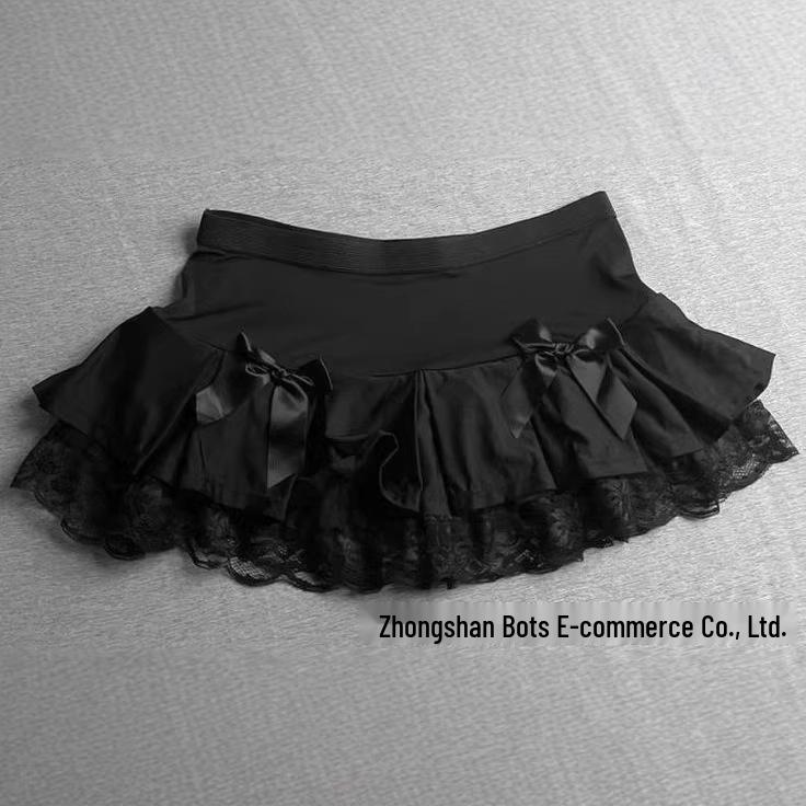 Korean Style Lace Trim Pleated Bow Ruffle Slimming Short Skirt