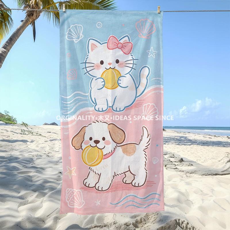 Cute Puppy Kitten Beach Towel Patterned Sunscreen And Windproof Suitable For Swimming Pool Camping Travel