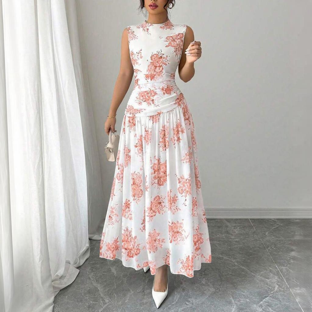 Ärmelloses Damen-Midikleid mit Blumendruck, Rundhalsausschnitt und gefalteter Taille, Elegantes lässiges Sommerkleid für den täglichen Gebrauch