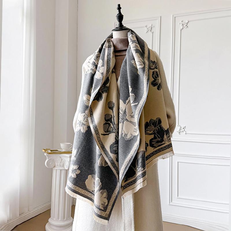 Autumn And Winter Trend Black And White Imitation Cashmere Flower Print Outer Shawl Women'S Personality Niche Shawl Scarf