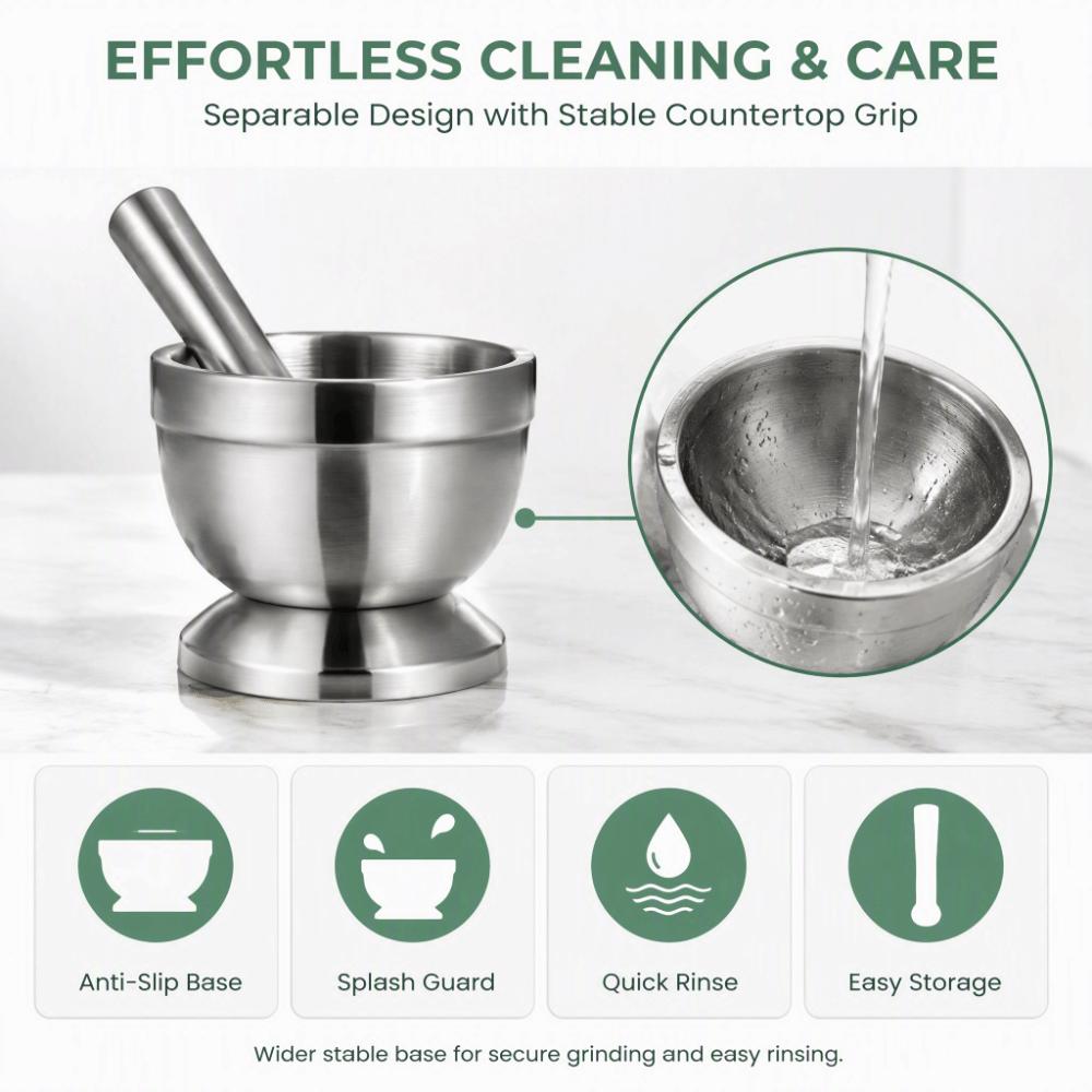 Stainless Steel Mortar And Pestle Set Silver Garlic Grinder Bowl  Spice Preparation