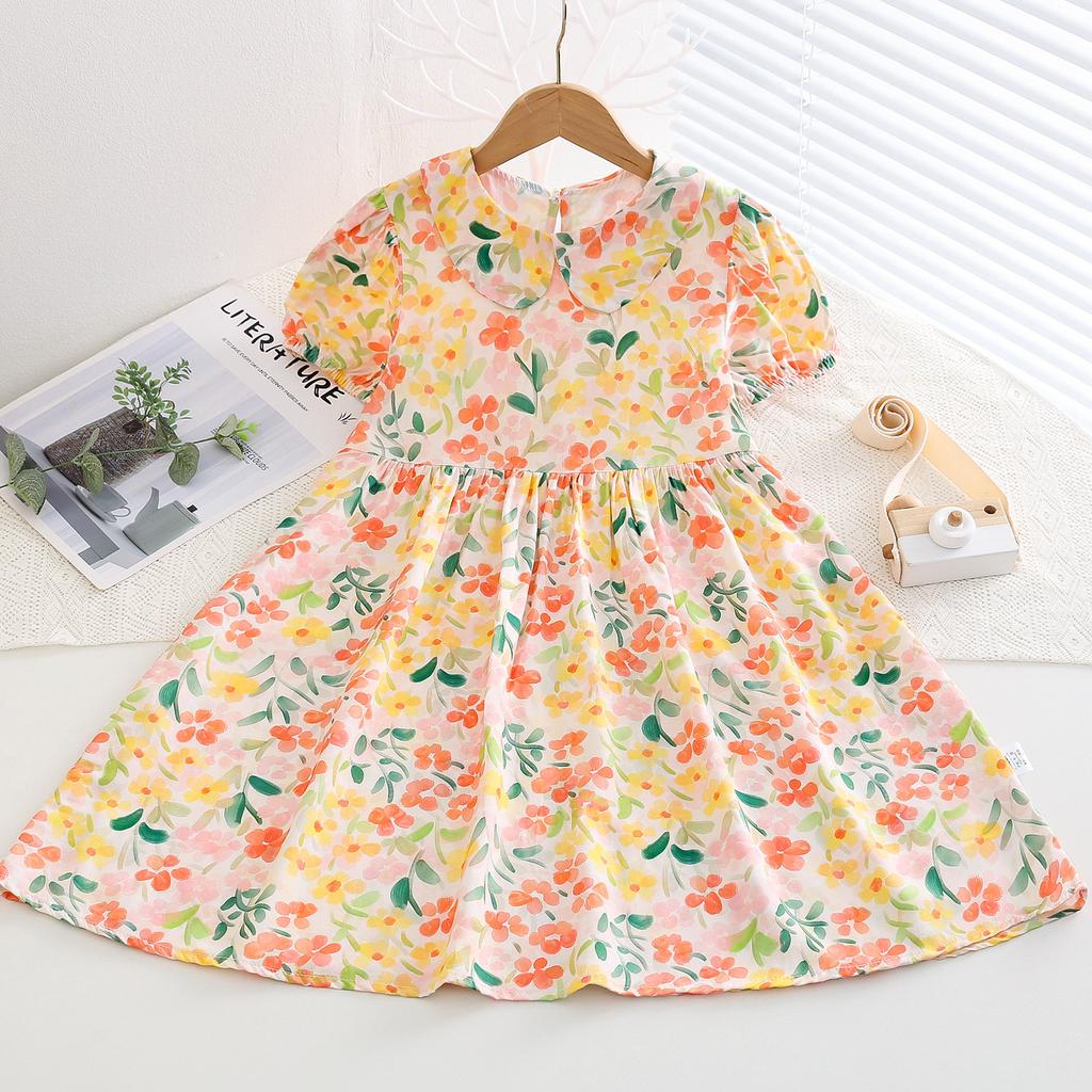 Resort Style Children's Clothing Summer Style Children's Cotton Silk Doll Collar Princess Dress Girls Artificial Cotton Floral Dress