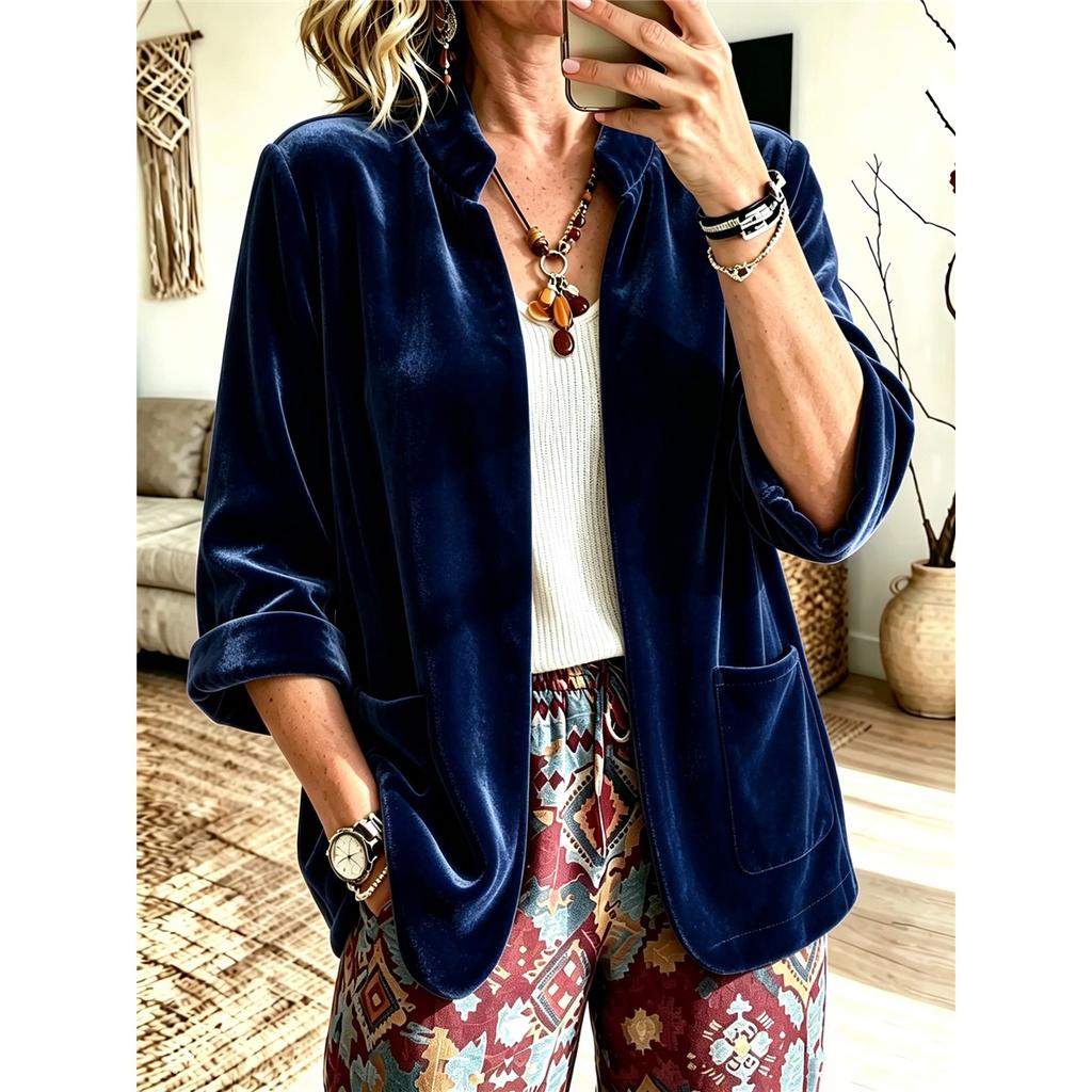 Women Velvet Open Front Blazer Stand Collar Three Quarter Sleeve Casual Loose Jacket With Pockets Autumn Outerwear