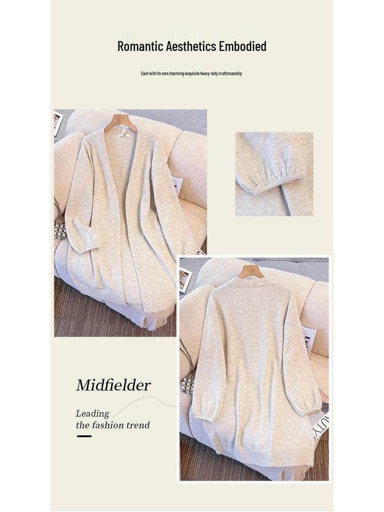 Plus Size Knit Cardigan & Dress Set for Women (130-300 Jin) - Elegant, Waist-Cinched, Slimming Two-Piece Outfit.