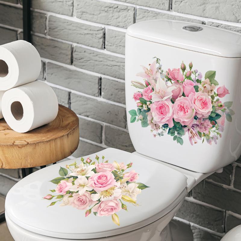 Çiçek Desenli Tuvalet Çıkartmaları Banyo Dekorasyon Çıkartmaları Dekor Kendinden Yapışkanlı Duvar Kağıdı Çıkarılabilir PVC Su Geçirmez Çıkartma