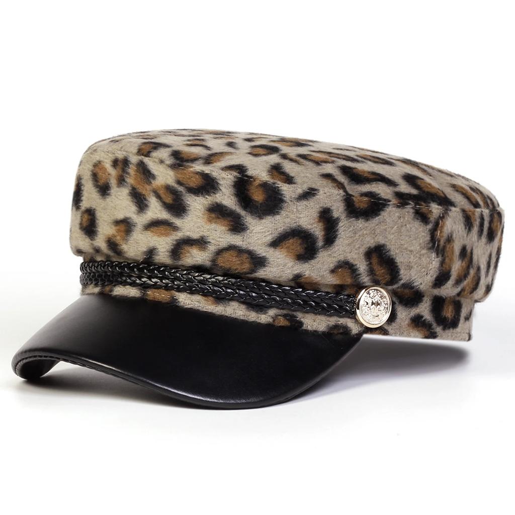 Unisex Plush Leopard Print Navy Cap Autumn Winter Sailor Hats Beret Hat Men Flat Top Captain Military Caps