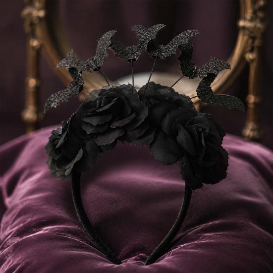 Photo Shoot Hairpiece Halloween Black Bat Headband for Women, Gothic Rose Boo Ghost Theme Party Headwear Hair Accessories Festive, Costume Accessory